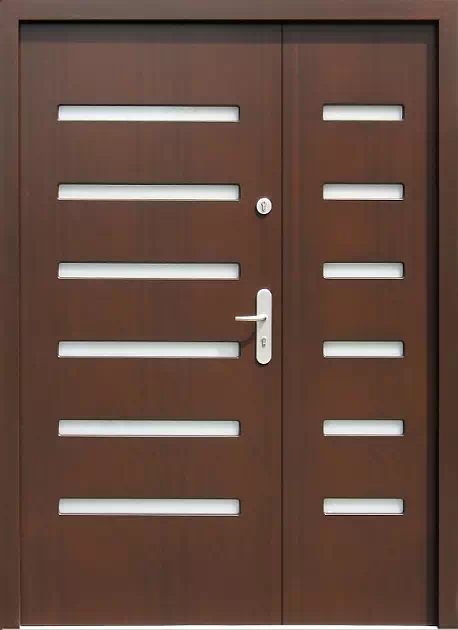 Drzwi dwuskrzydłowe zewnętrzne nowoczesne wzór 911,2 w kolorze orzech.