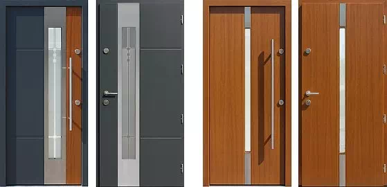 Widok na drzwi zewnętrzne z obustronnymi aplikacjami se stali kwasoodpornej INOX