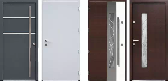 Widok na drzwi zewnętrzne z obustronnymi aplikacjami se stali kwasoodpornej INOX